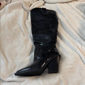 Fashion Nova Black Snakeskin Heeled Boots